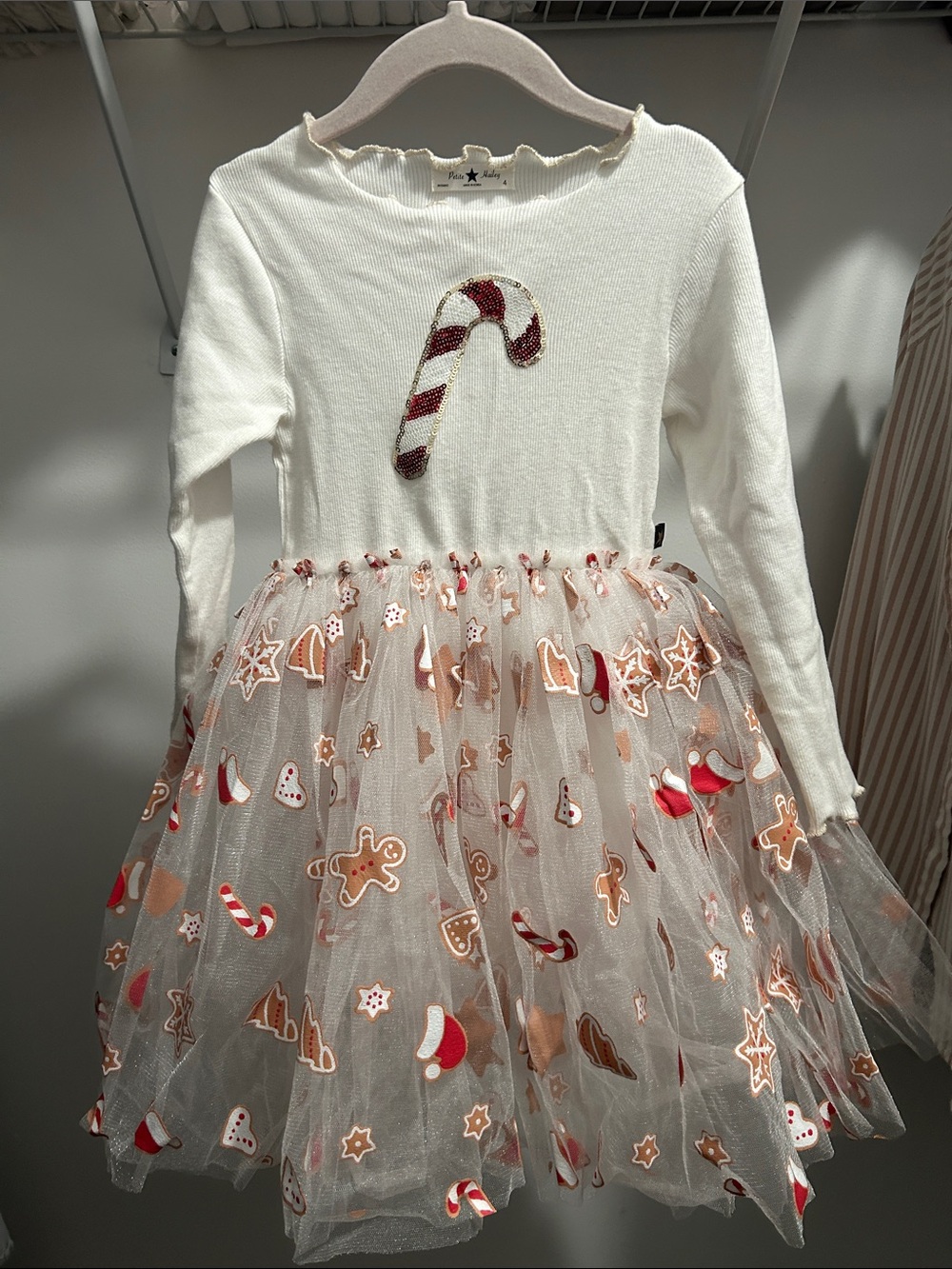 Petite Hailey Holiday Candy Cane Tulle Dress - White & Red Accents